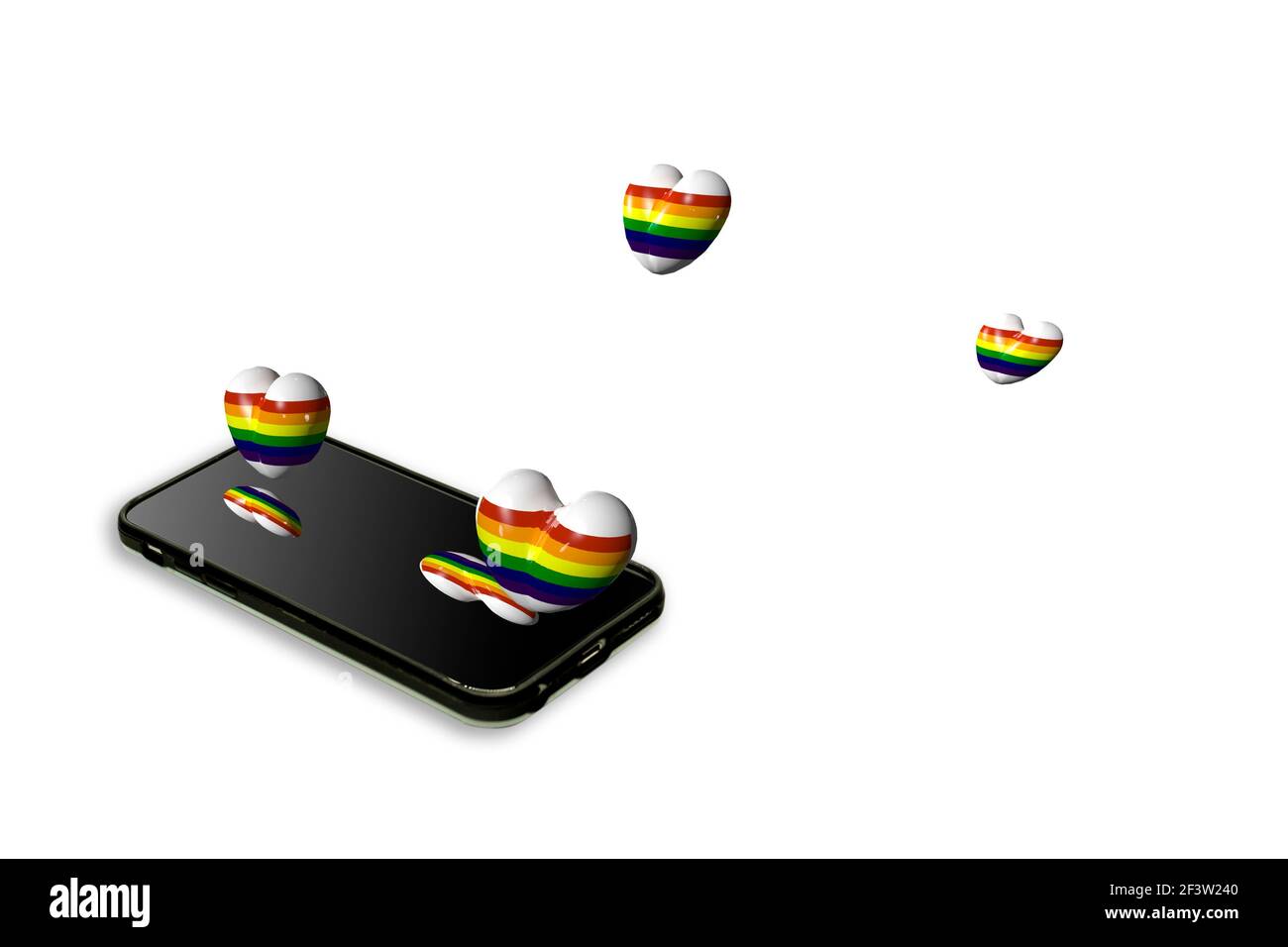 Hearts covered with the LGBTTIQ flag floating in the air from the cell phone love and technology Stock Photo