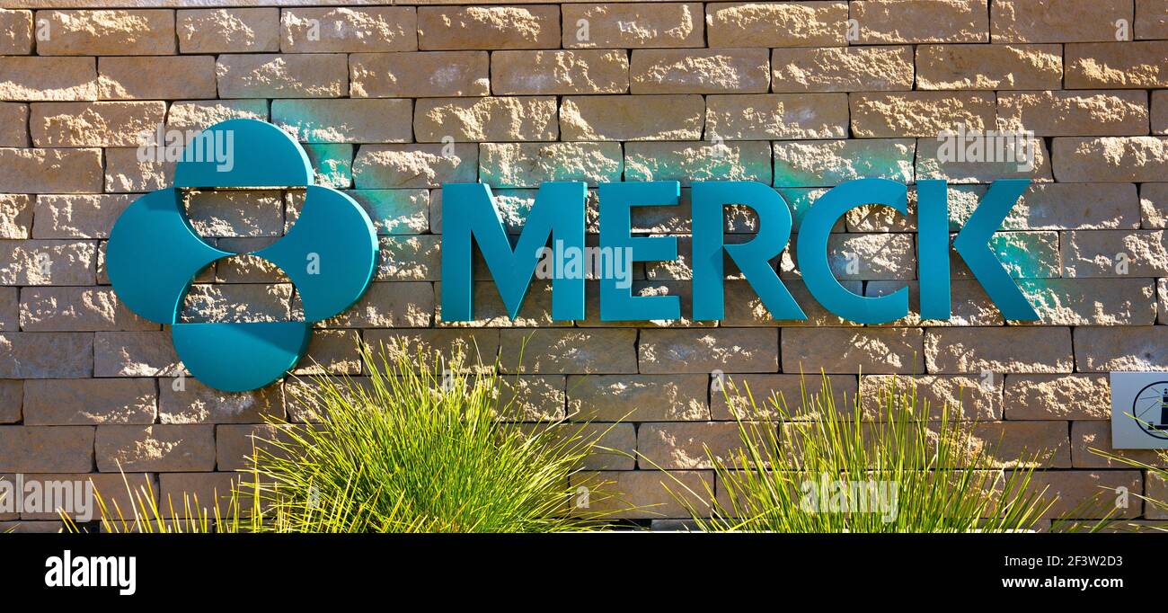 South San Francisco, CA, USA - February 24, 2021: Close up of a corporate office building of Merck  company Research Laboratories Stock Photo