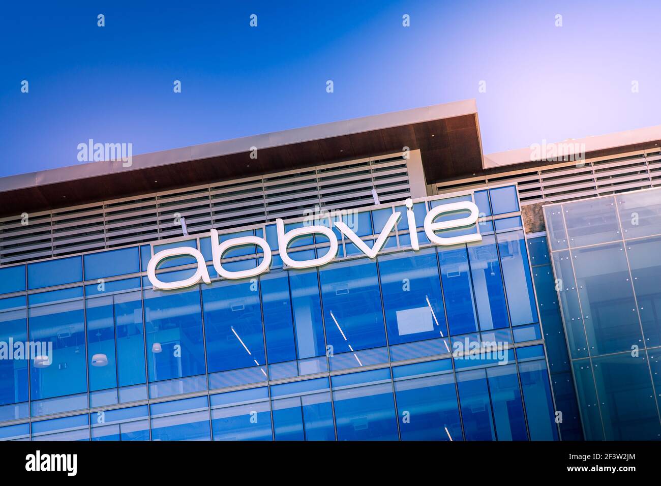 South San Francisco, CA, USA - February 24, 2021: Closeup of AbbVie building corporate office, an American biopharmaceutical company with its headquar Stock Photo