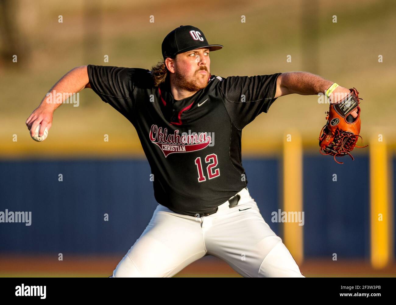 Edmond, OK, USA. 16th Mar, 2021. Oklahoma Christian pitcher Brent McDonald (12) delivers a pitch