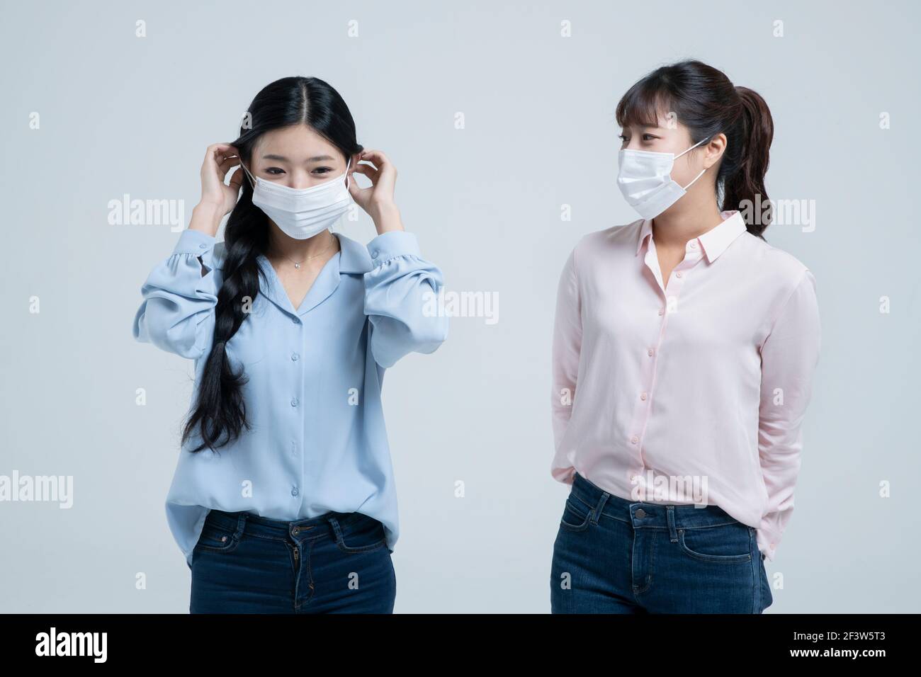 Asian woman, women with masks, covid safety campaign concept Stock
