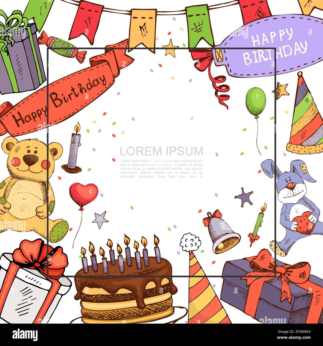 Sketch Birthday Party Template With Frame For Text Bear And Rabbit Toys Cake Hat Present Boxes Garland Balloons Candle Bell Candies Vector Illustratio Stock Vector Image Art Alamy