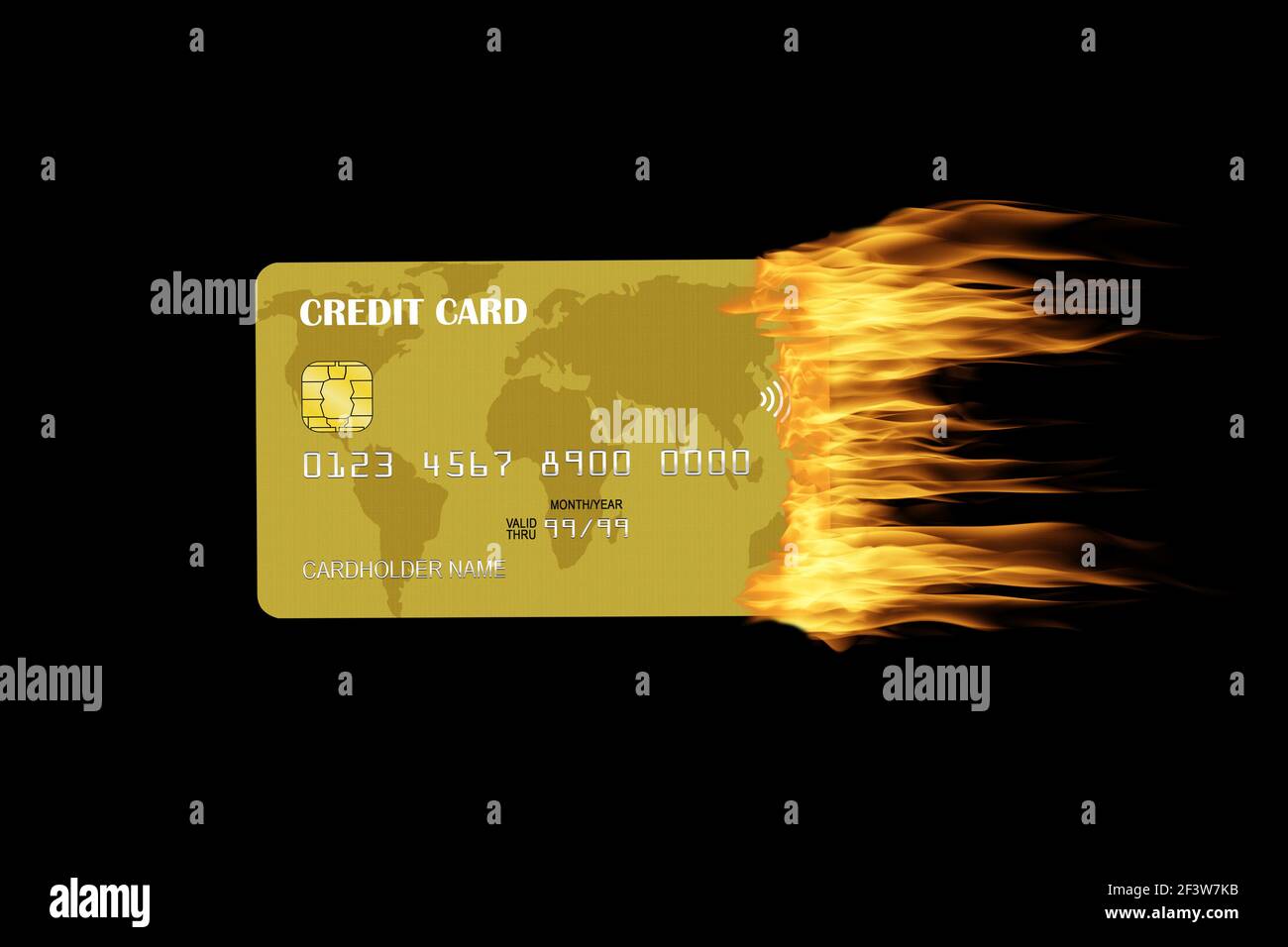 Golden credit card burning with trailing fire isolated on black background. Concept of credit trouble, financial crisis, credit warning, debt, late an Stock Photo