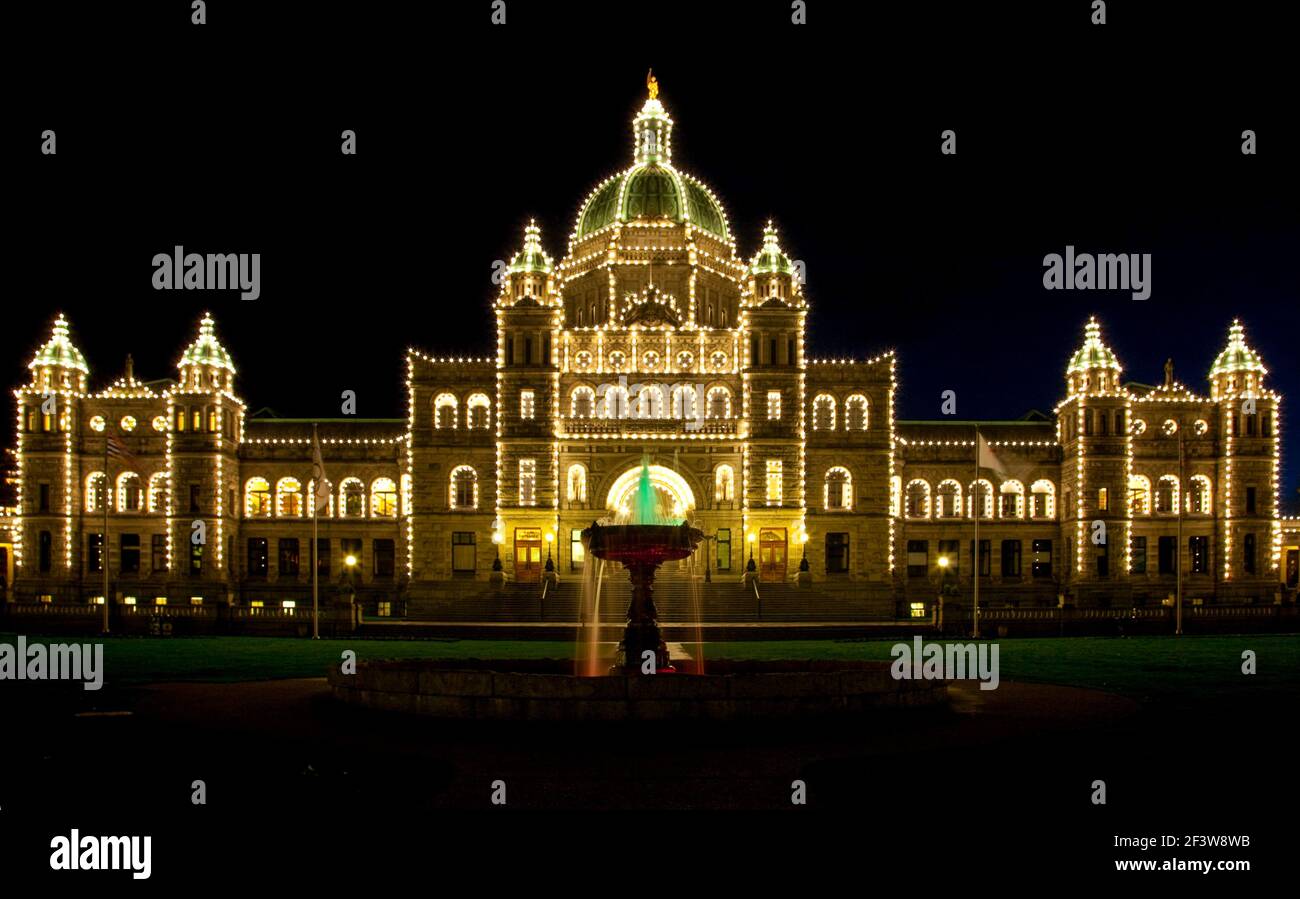 the front facade of the Parliament Buildings at night, Victoria, Vancouver Island, British Columbia Stock Photo