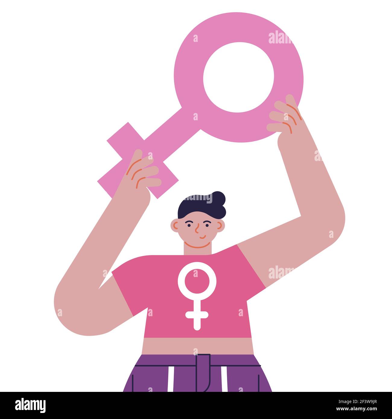 Young woman holding big female symbol up for feminist issues or equality concept. Happy girl in pink. Modern flat cartoon character on isolated backgr Stock Vector