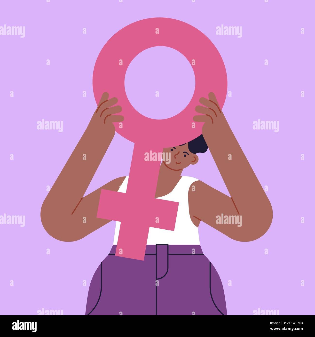 Black woman holding big female symbol up for feminist issues or equality concept. Happy girl in pink. Modern flat cartoon character on isolated backgr Stock Vector