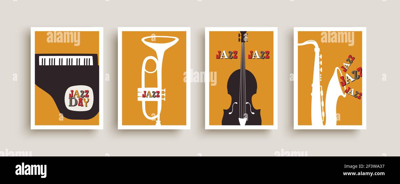 Jazz music band instrument poster illustration set. Funny mid-century retro cartoon banner collection for musical event, festival performance or enter Stock Vector