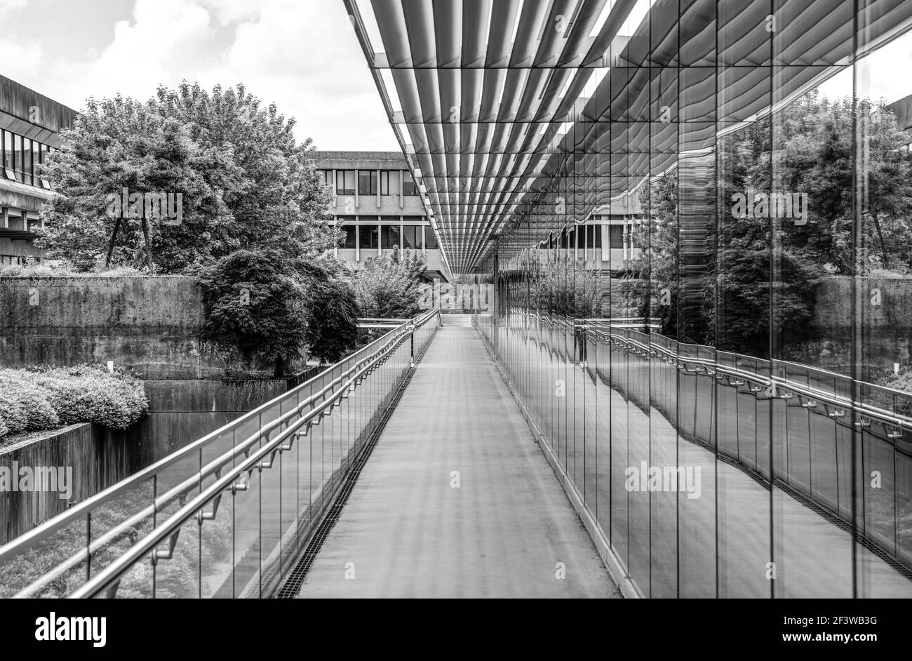 view of campus buildings, Simon Fraser University, Burnaby, BC Stock Photo