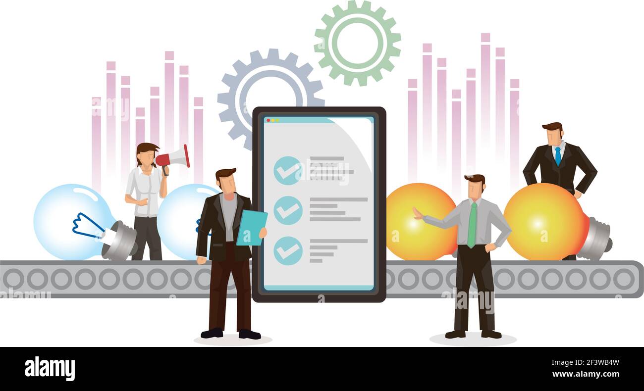 Company engaged in ideas development, fill empty bulb with ideas through analytics. Flat vector creative illustration. Stock Vector