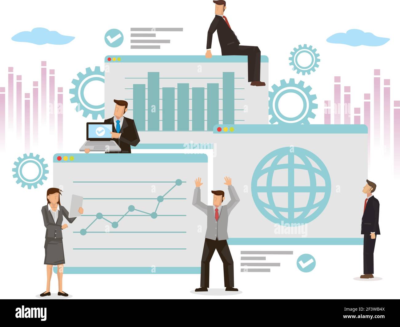 Business people with business graphs. Concept of investment management, business communication and  stock market consulting. Flat cartoon character ve Stock Vector