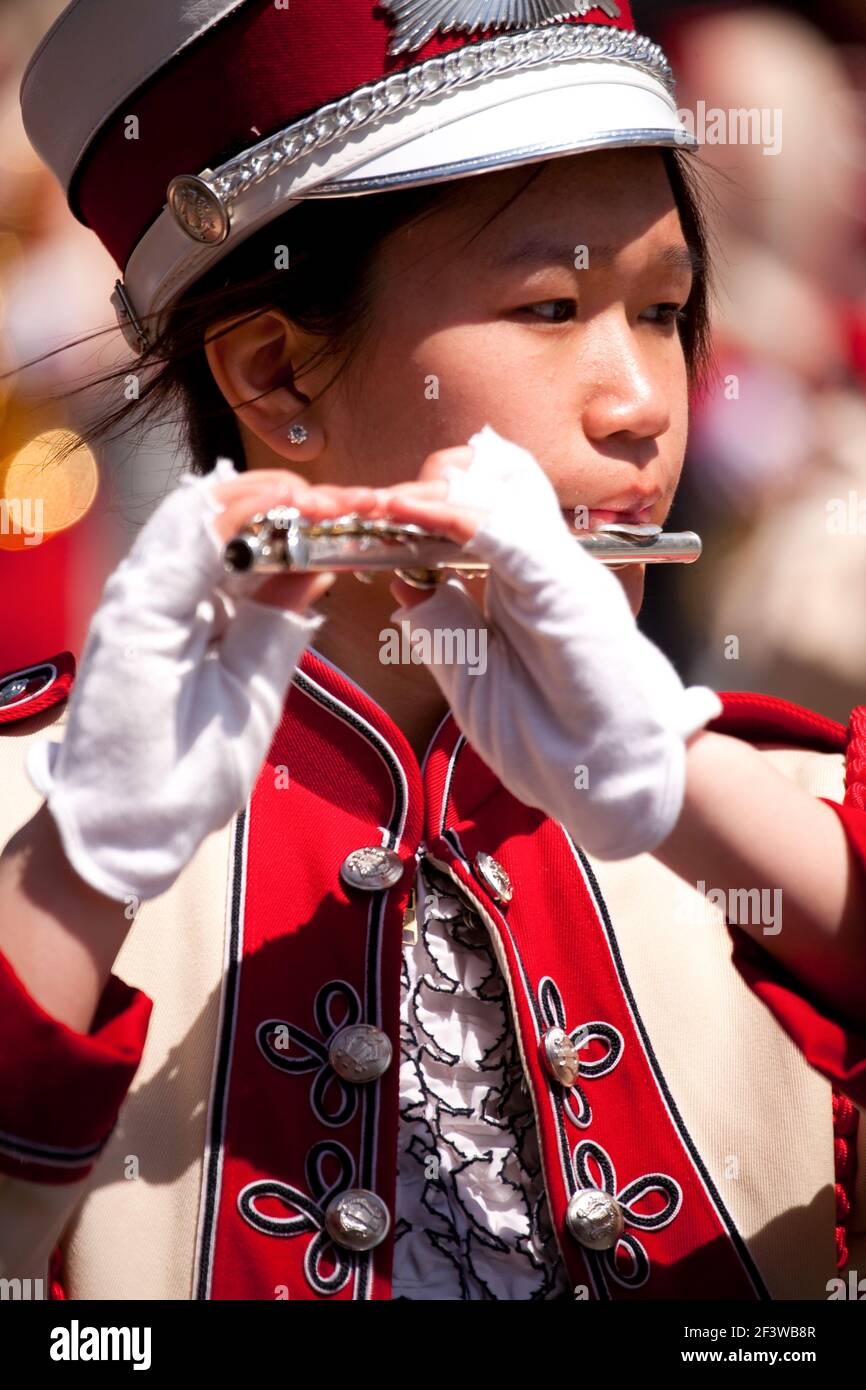 girl playing flute at the Victoria Day Parade 2010, Victoria, Vancouver Island, British Columbia Stock Photo