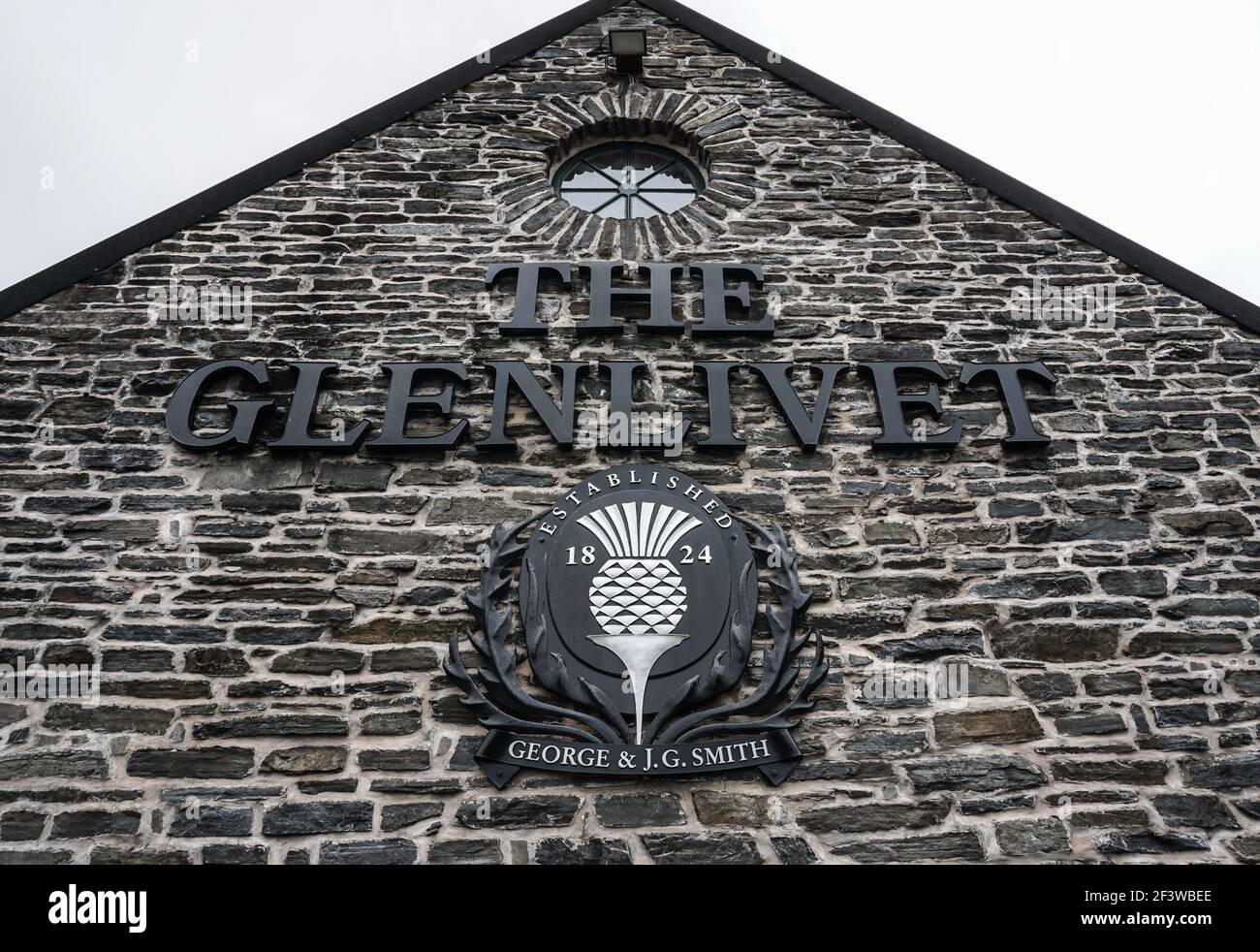 Logo and sign at the Glenlivet Distillery visitor centre in Speyside, Scotland Stock Photo