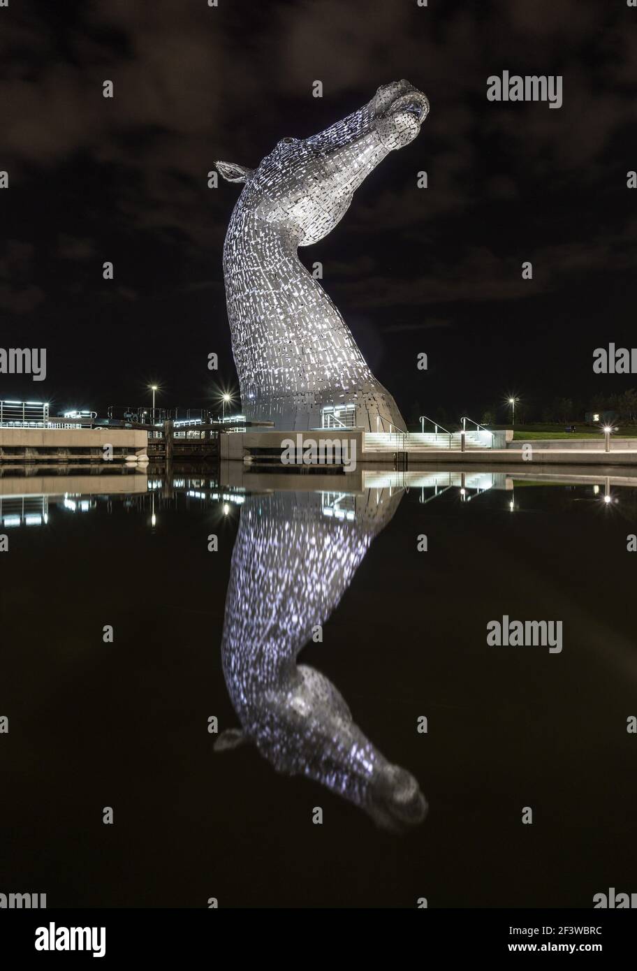 Night view of the Kelpies large horse head statue sculptures monument in Falkirk, Scotland, UK