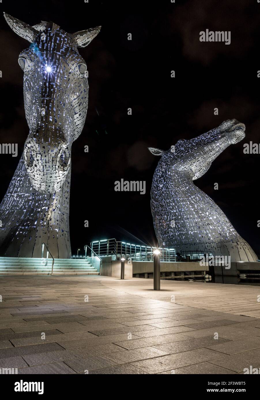Night view of the Kelpies large horse head statue sculptures monument in Falkirk, Scotland, UK