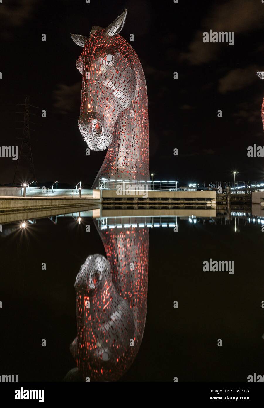 The Kelpies at night, the largest equine sculptures in the world and a