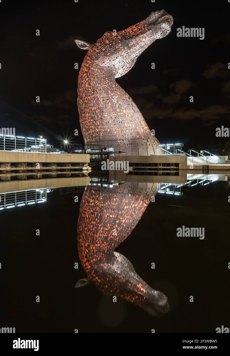 Night view of the Kelpies large horse head statue sculptures monument in Falkirk, Scotland, UK