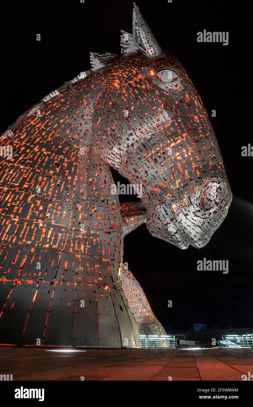 Night view of the Kelpies large horse head statue sculptures monument