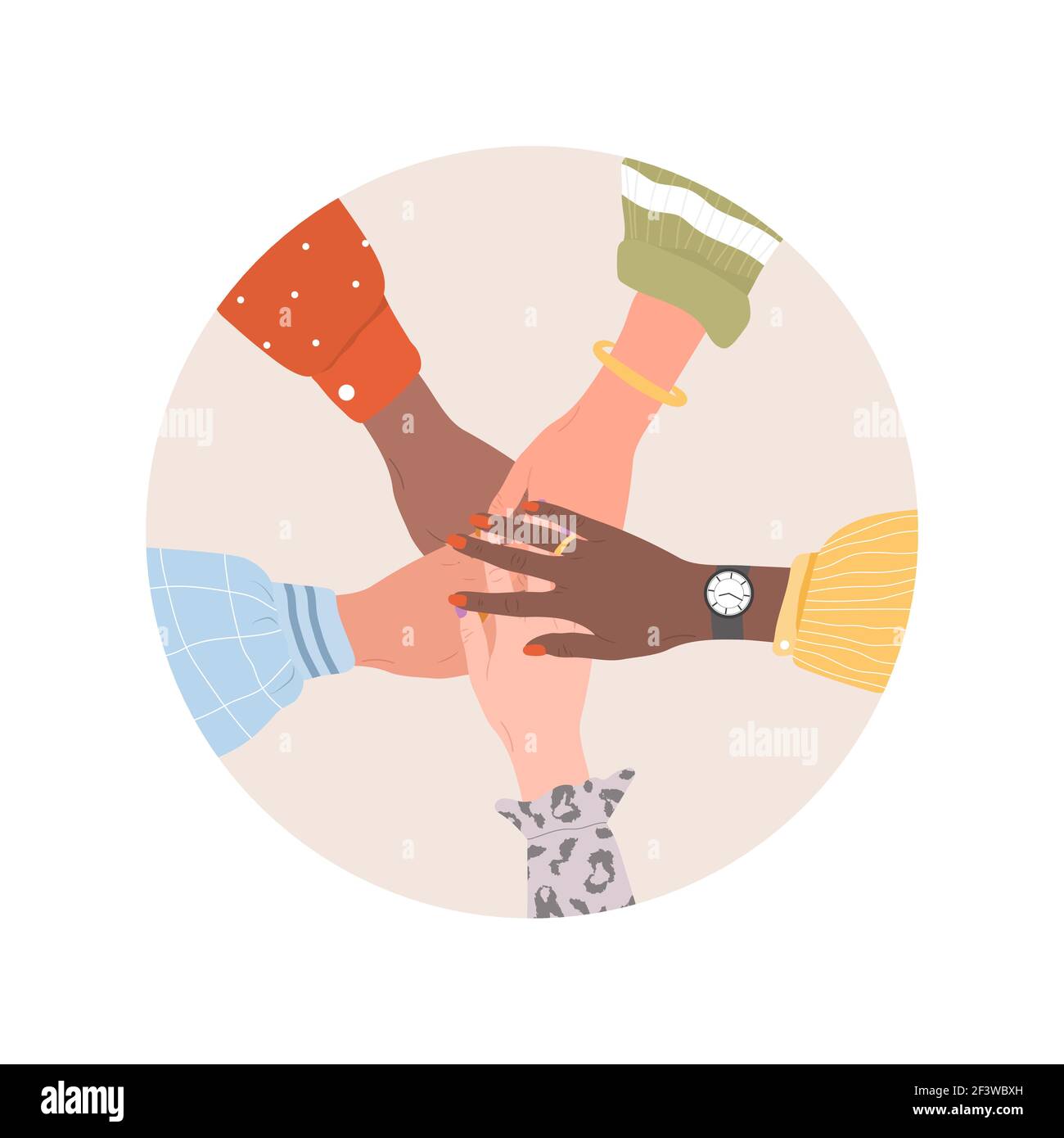 Stack of female hands. Unity and teamwork concept. Arms of successful  business women. Partnership community. Vector illustration in flat cartoon  style Stock Vector Image & Art - Alamy