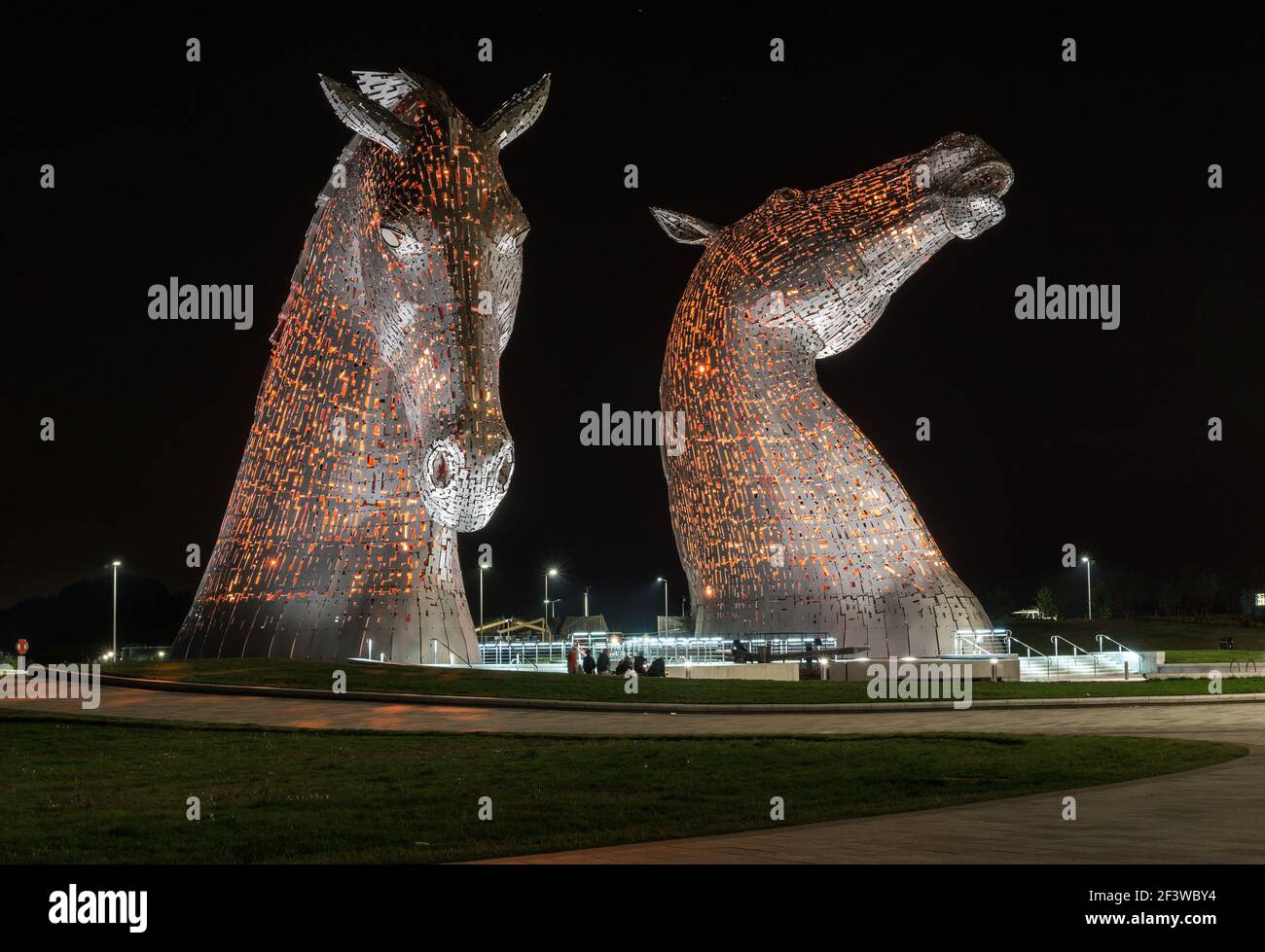 Night view of the Kelpies large horse head statue sculptures monument in Falkirk, Scotland, UK