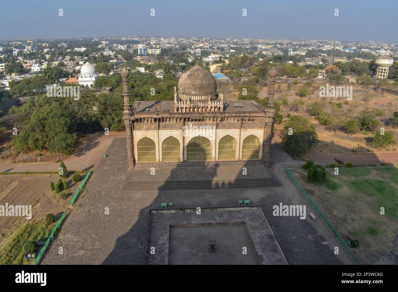Aerial view of Gol Gumbaz of Adil Shah, Sultan of Bijapur.The tomb, located in Bijapur (Vijayapura), Karnataka in India. Stock Photo