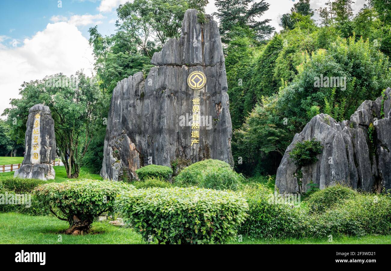 Kunming China , 4 October 2020 : Limestone with Unesco world heritage sign in Shilin stone forest Yunnan China Stock Photo