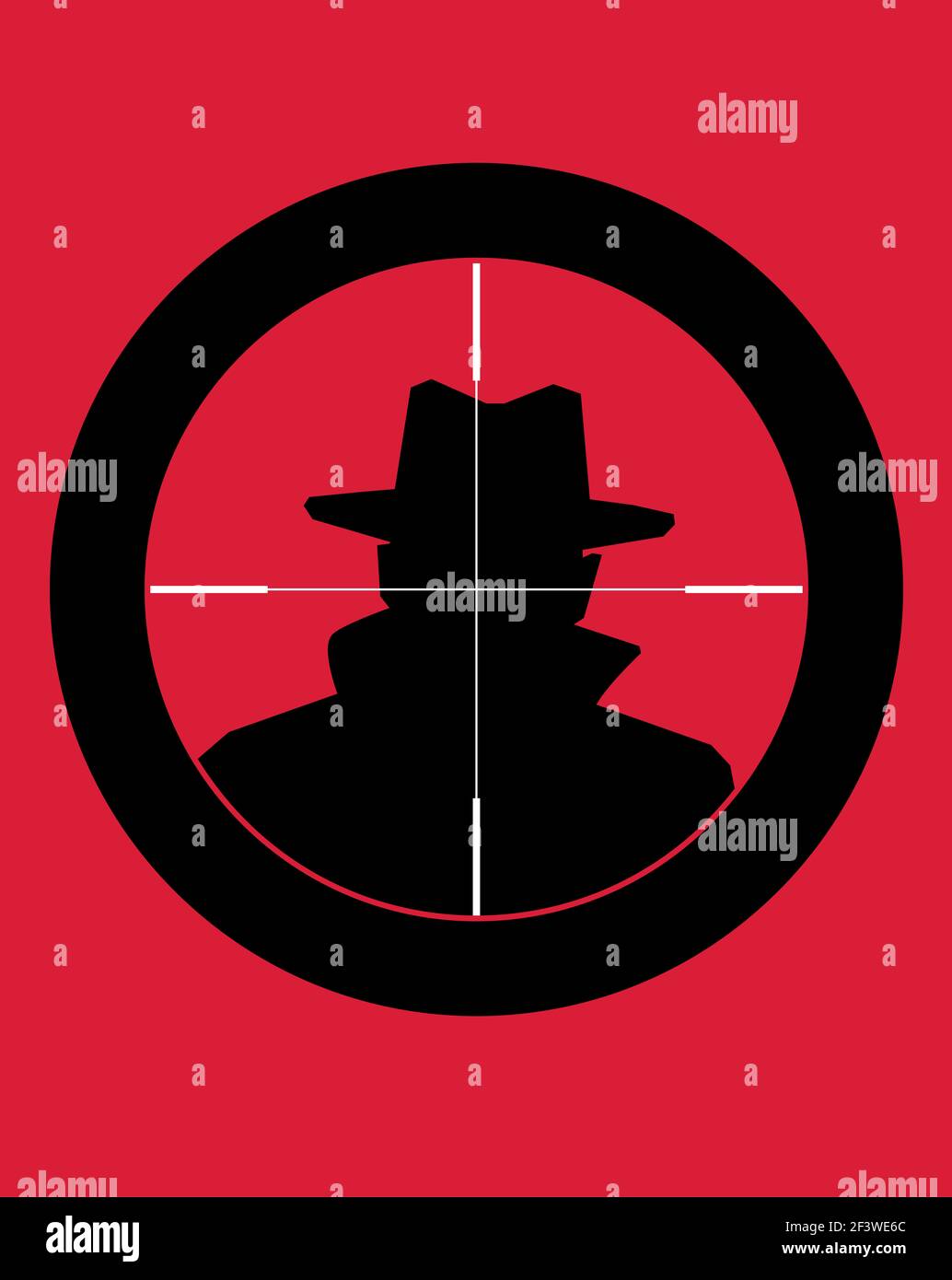 Retro style illustration of man wearing fedora hat and coat in sniper scope. For book covers, posters etc. Stock Photo