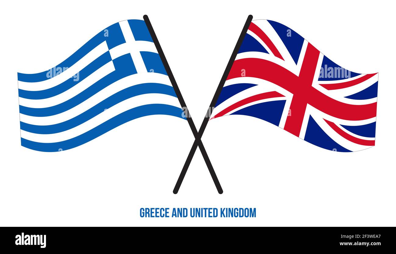 Greece and United Kingdom Flags Crossed And Waving Flat Style. Official Proportion. Correct