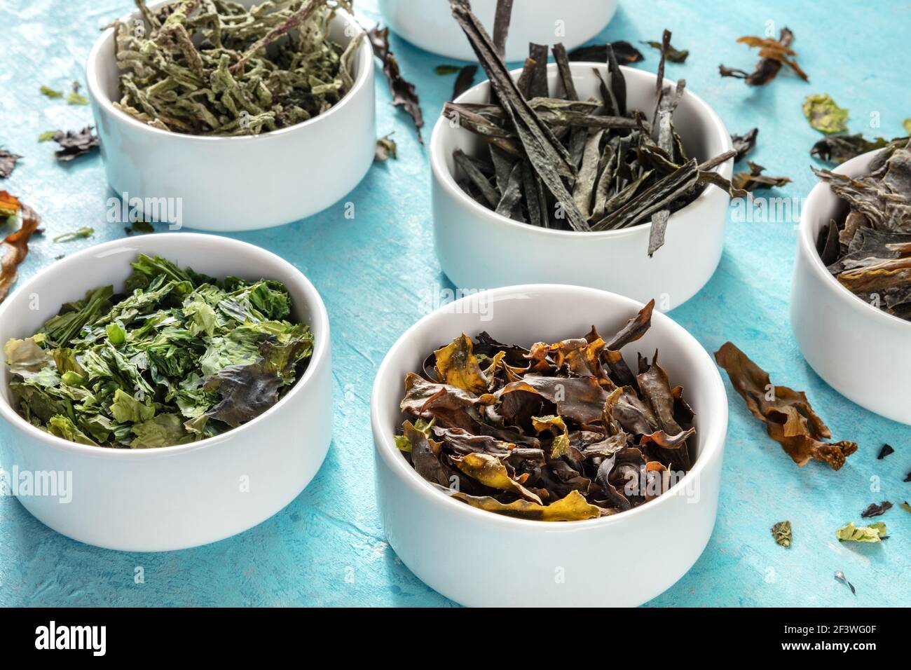Sea vegetables assortment on a blue background Stock Photo