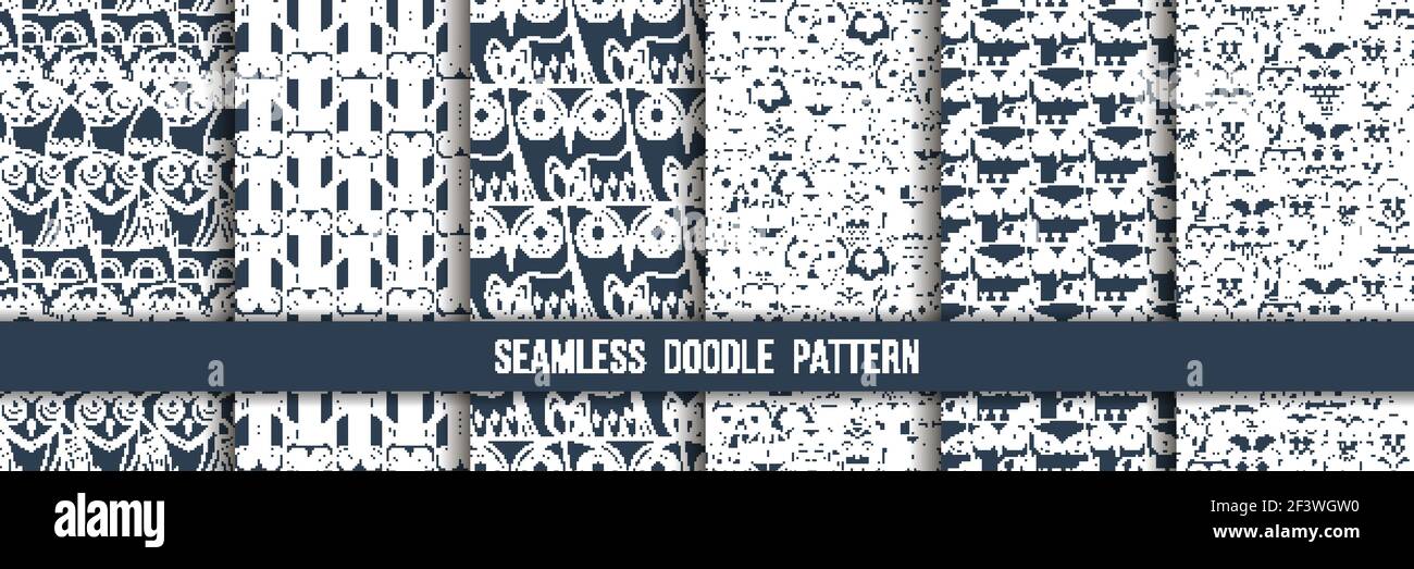 Set of seamless doodle owl patterns. Cute print collection for kids, scrap and other. Vector endless illustrations Stock Vector
