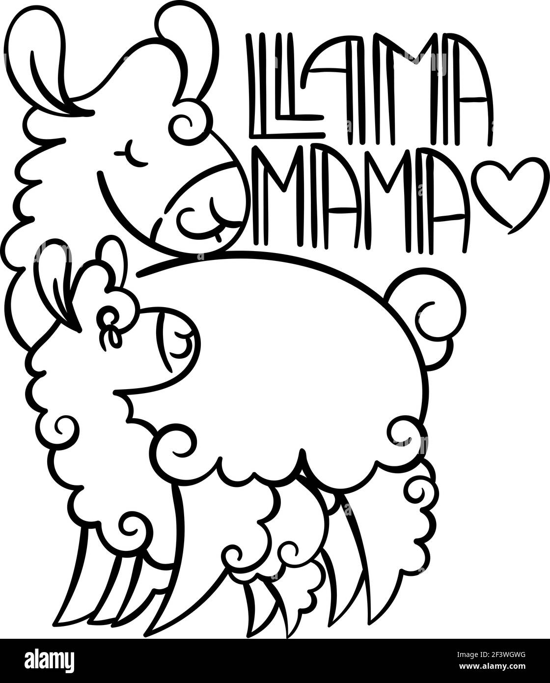 Llama Mama. Cute curly llama mom with baby. Illustration with lettering