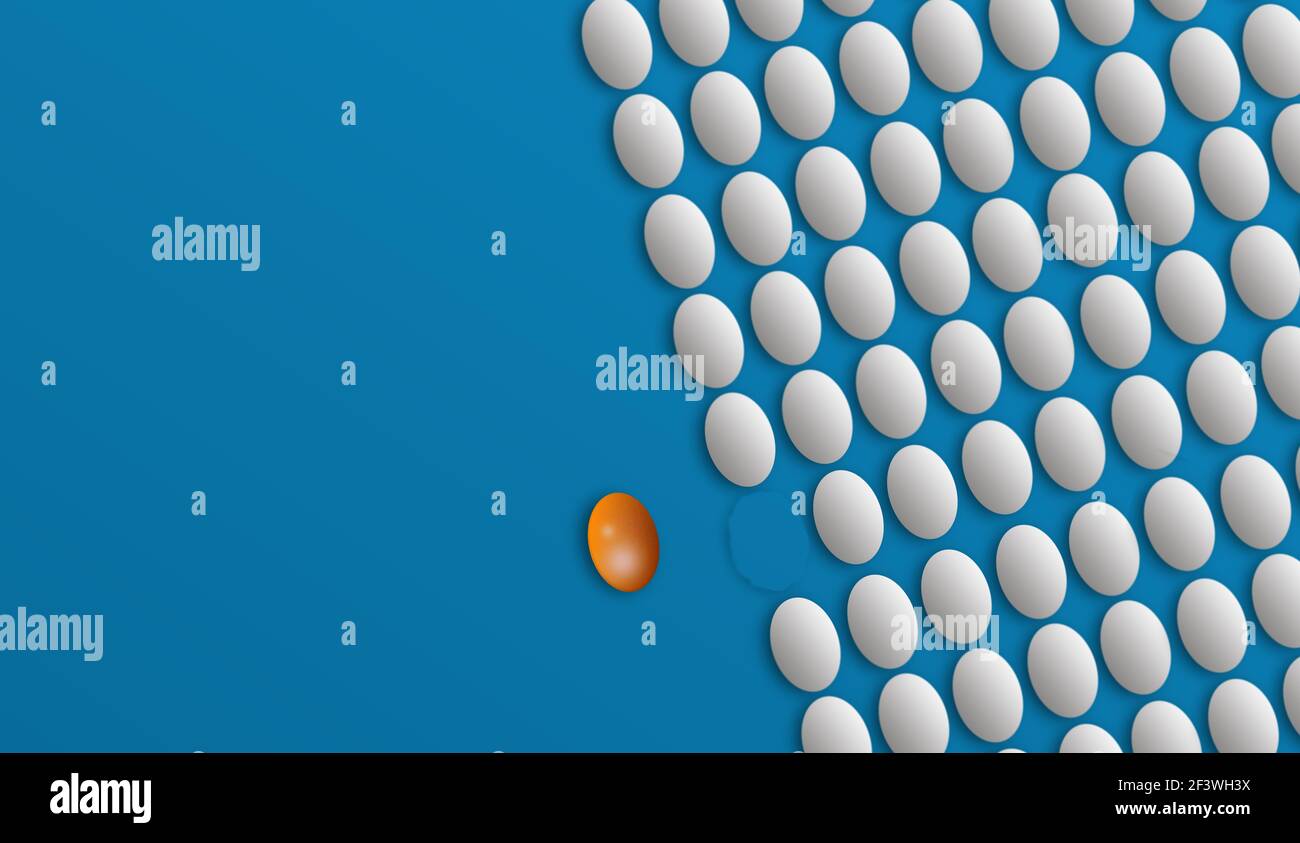 Standout from the crowd egg concept. flat in blue background. Golden Egg Standing out From the Crowd following new way. change, Leadership Stock Photo