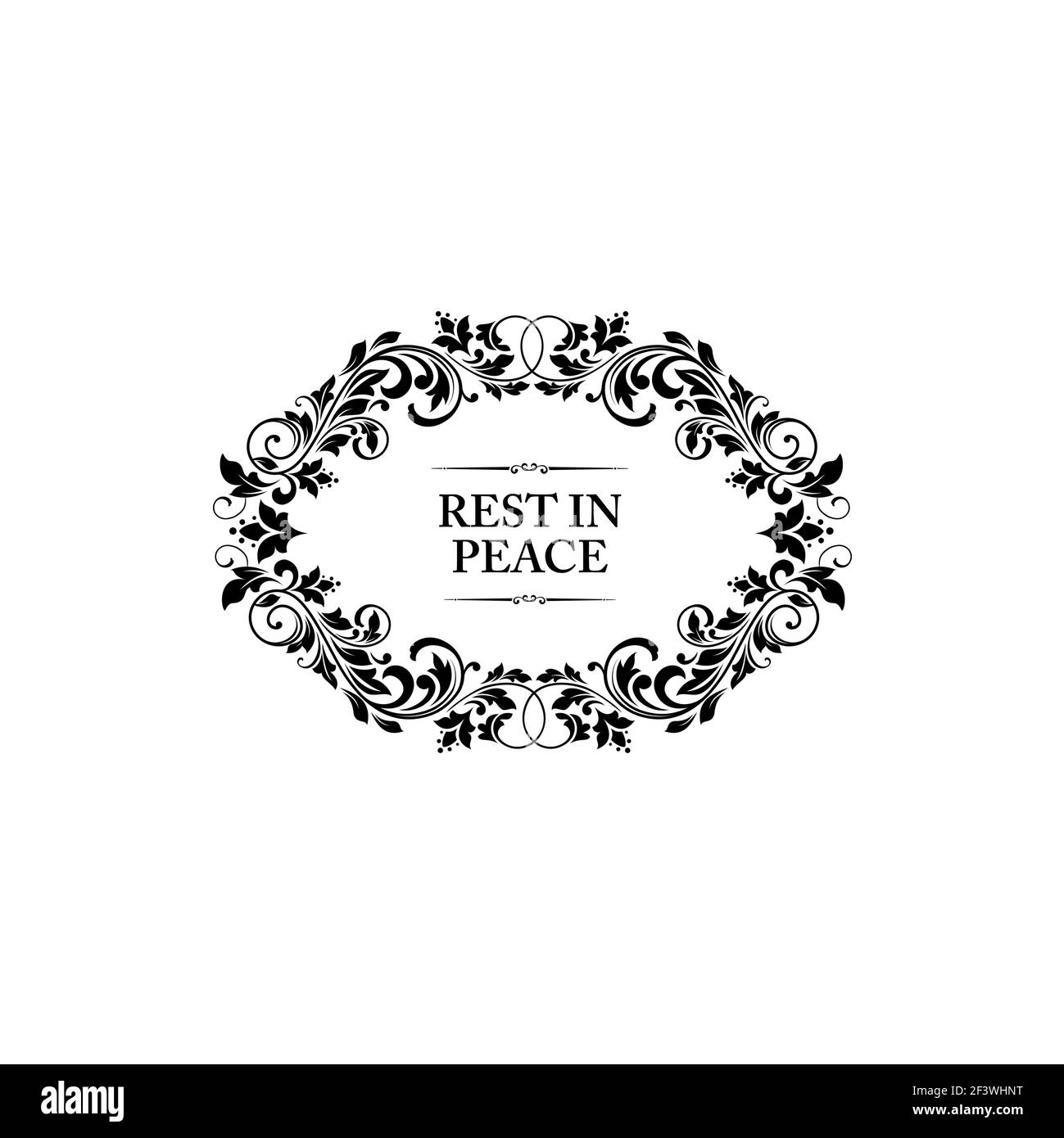 Rest in peace in oval floral frame isolated monochrome icon. Vector ornamental flowers and lettering on tombstone or gravestone, rip sorrowful inscrip Stock Vector