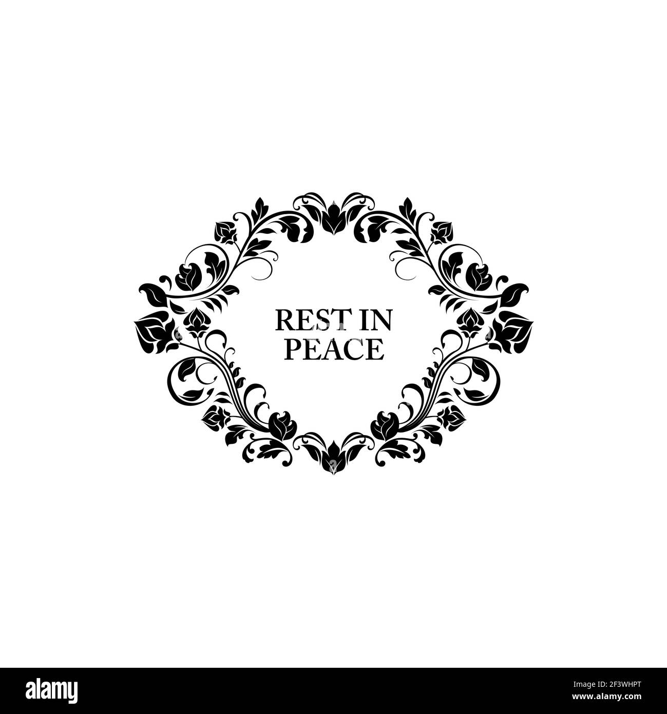 Rest in peace floral funeral frame with rip lettering isolated monochrome message. Vector death calligraphy on tombstone or gravestone, memory card to Stock Vector