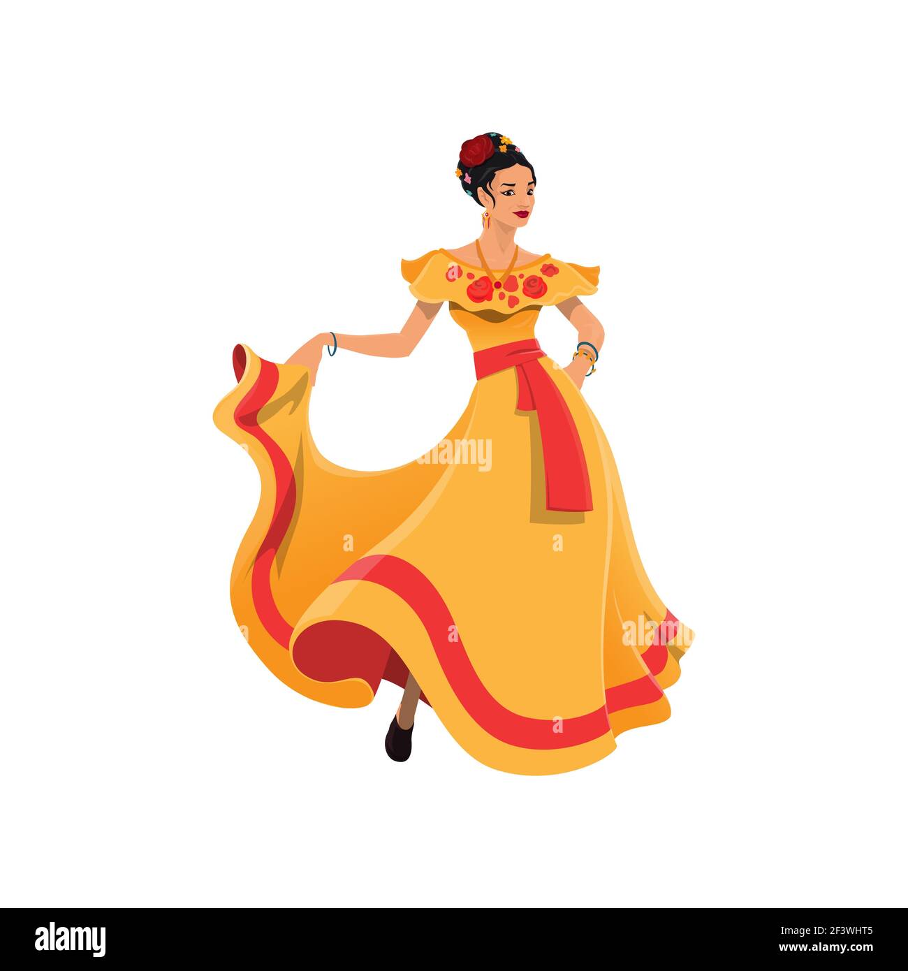 Mexican woman in long traditional dress isolated. Vector dancer lady in tabasco dress, decorated