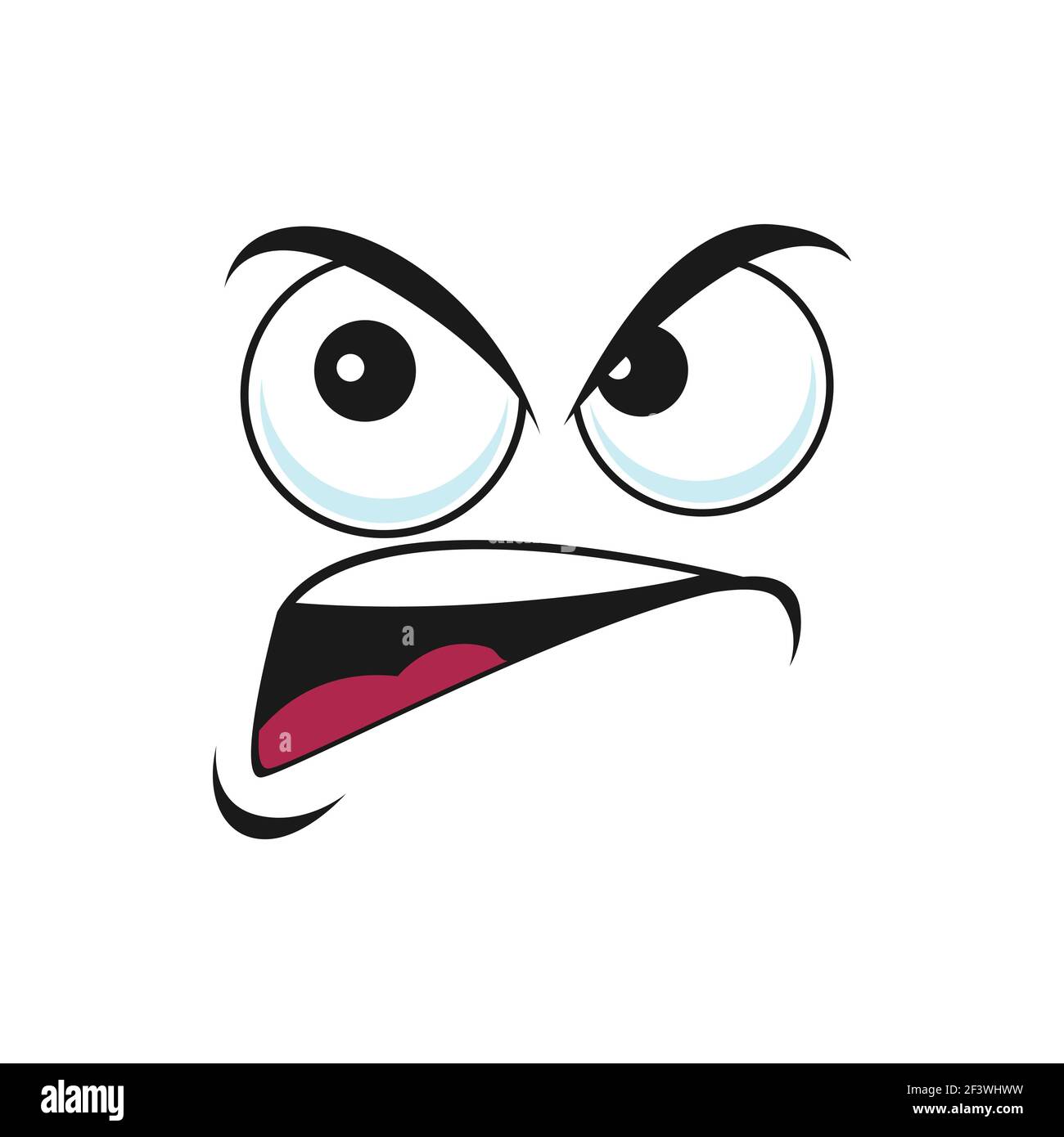 Suspicious emoticon with angry face isolated icon. Vector distrustful emoji with big eyes curved smile, doubtful or questioned smiley line art. Angry Stock Vector