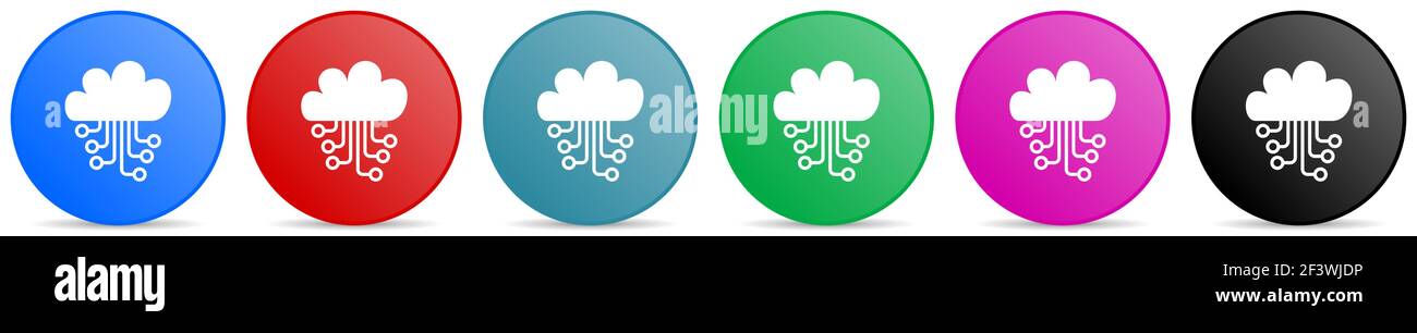 Cloud computing, technology, circuit, data vector icons, set of circle gradient buttons in 6 colors options for webdesign and mobile applications Stock Vector