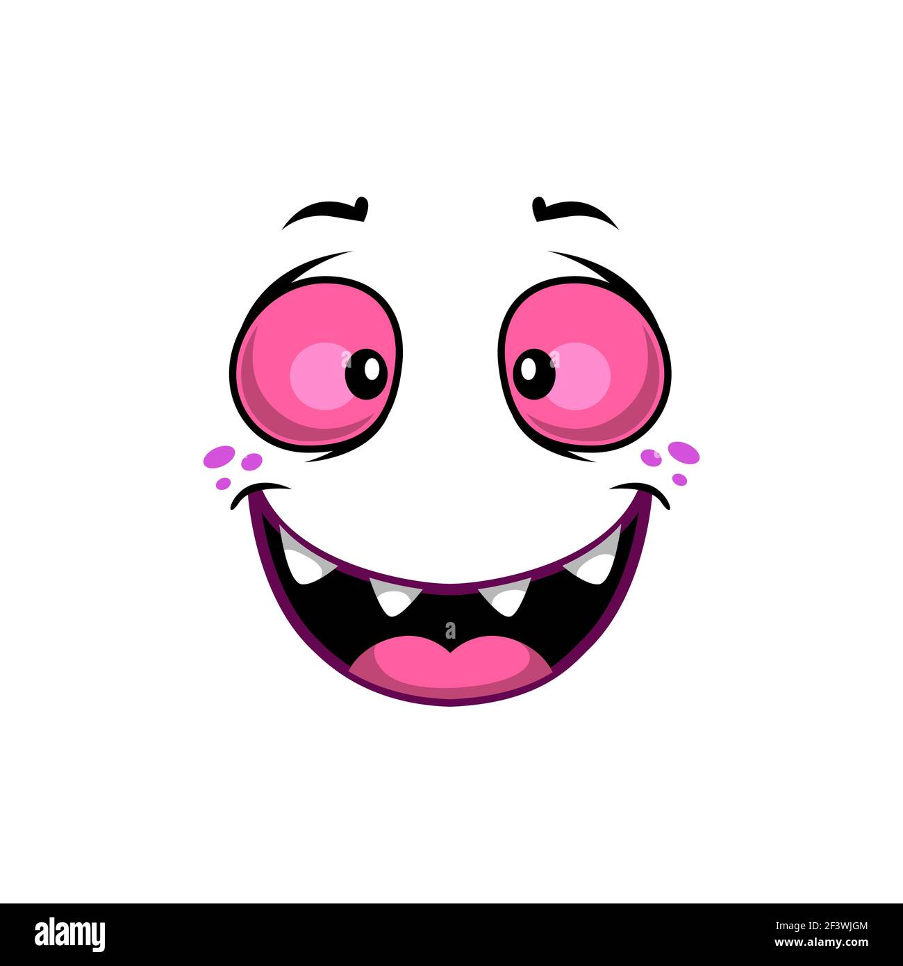 Cartoon face vector icon, funny emoji with wide smiling face and pink astonished eyes. Happy facial expression, positive feelings isolated on white ba Stock Vector