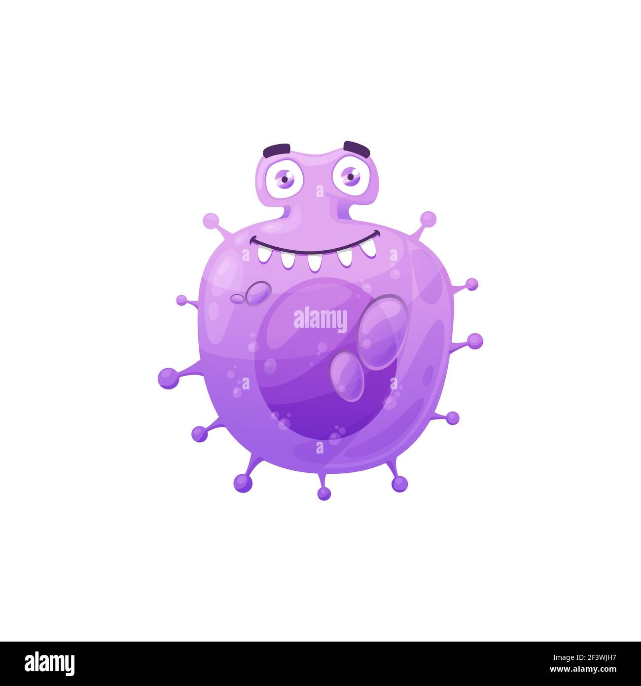 Cartoon virus cell vector icon, cute purple bacteria, happy laughing germ character with funny face and pimples. Smiling pathogen microbe with kind ey Stock Vector