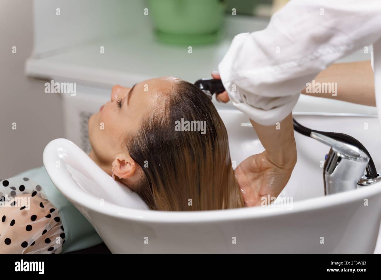 hairdresser washes hair of a young woman before a haircut Stock Photo