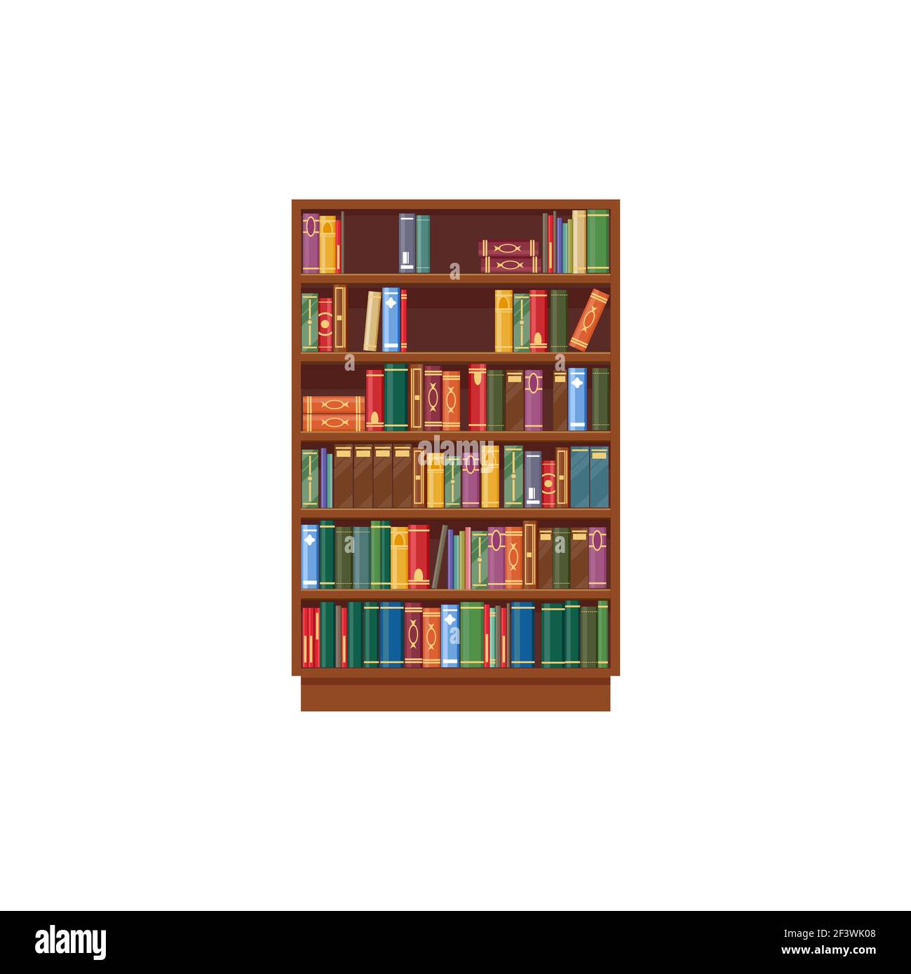 Bookcase vector icon, cartoon shelf with books in library, wooden bookstore with colorful spines on shelves isolated on white background. Literature a Stock Vector