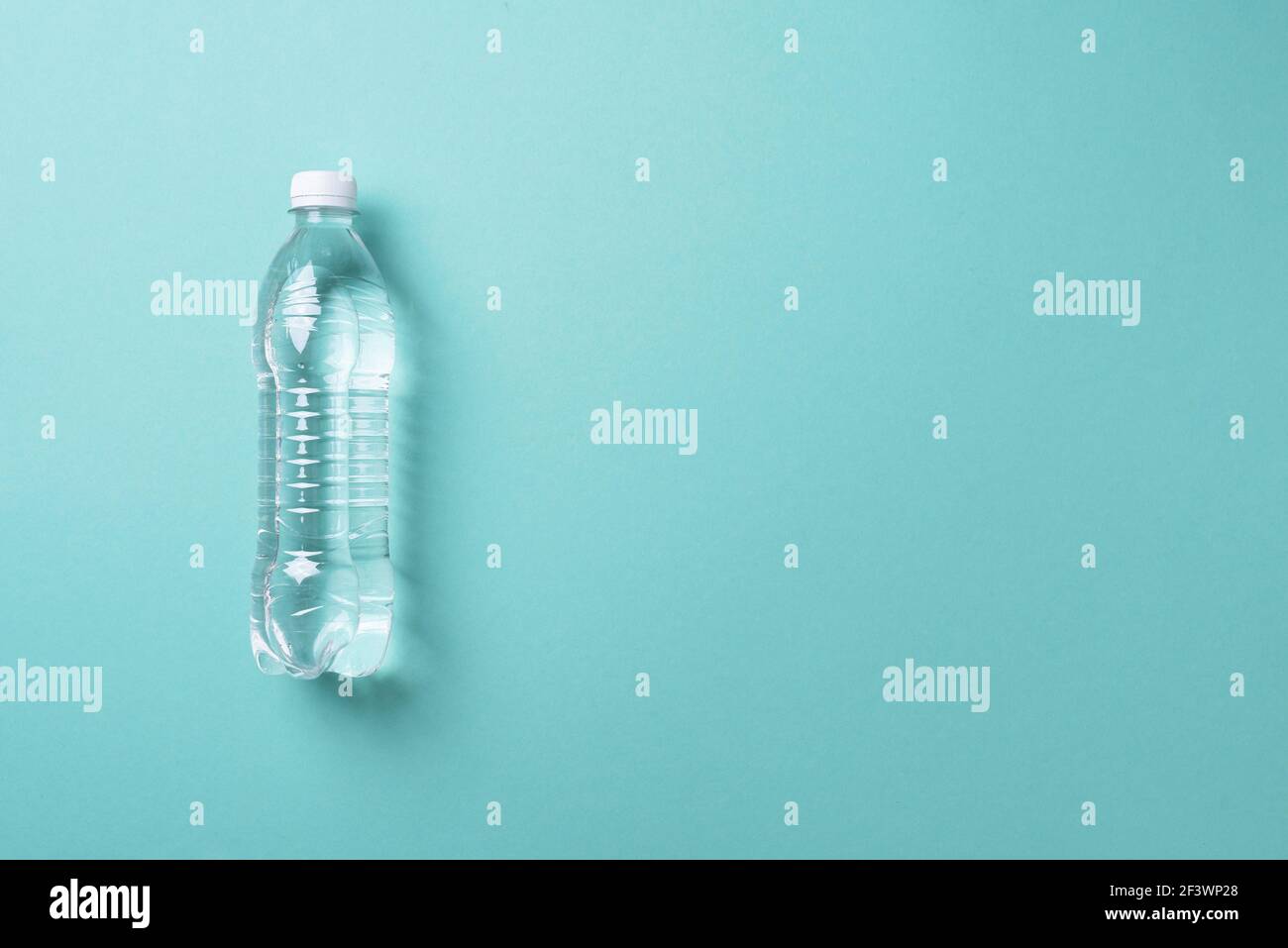 Pure water in bottle for healthy lifestyle. Top view. Copy space. Water balance. World water day. Banner. Pollution, environmental protection concept Stock Photo