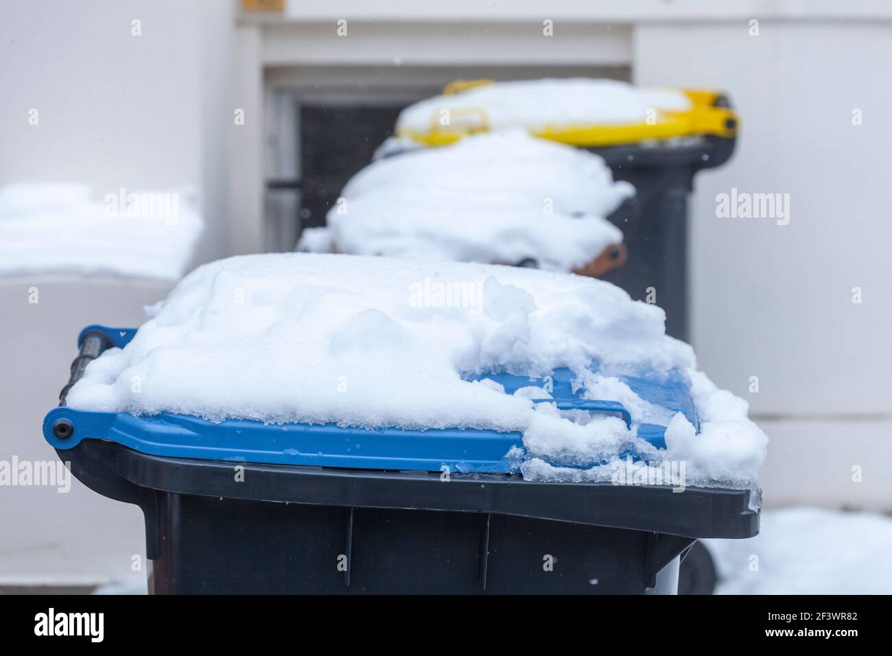 Snowy garbage cans, Germany, Europe Stock Photo