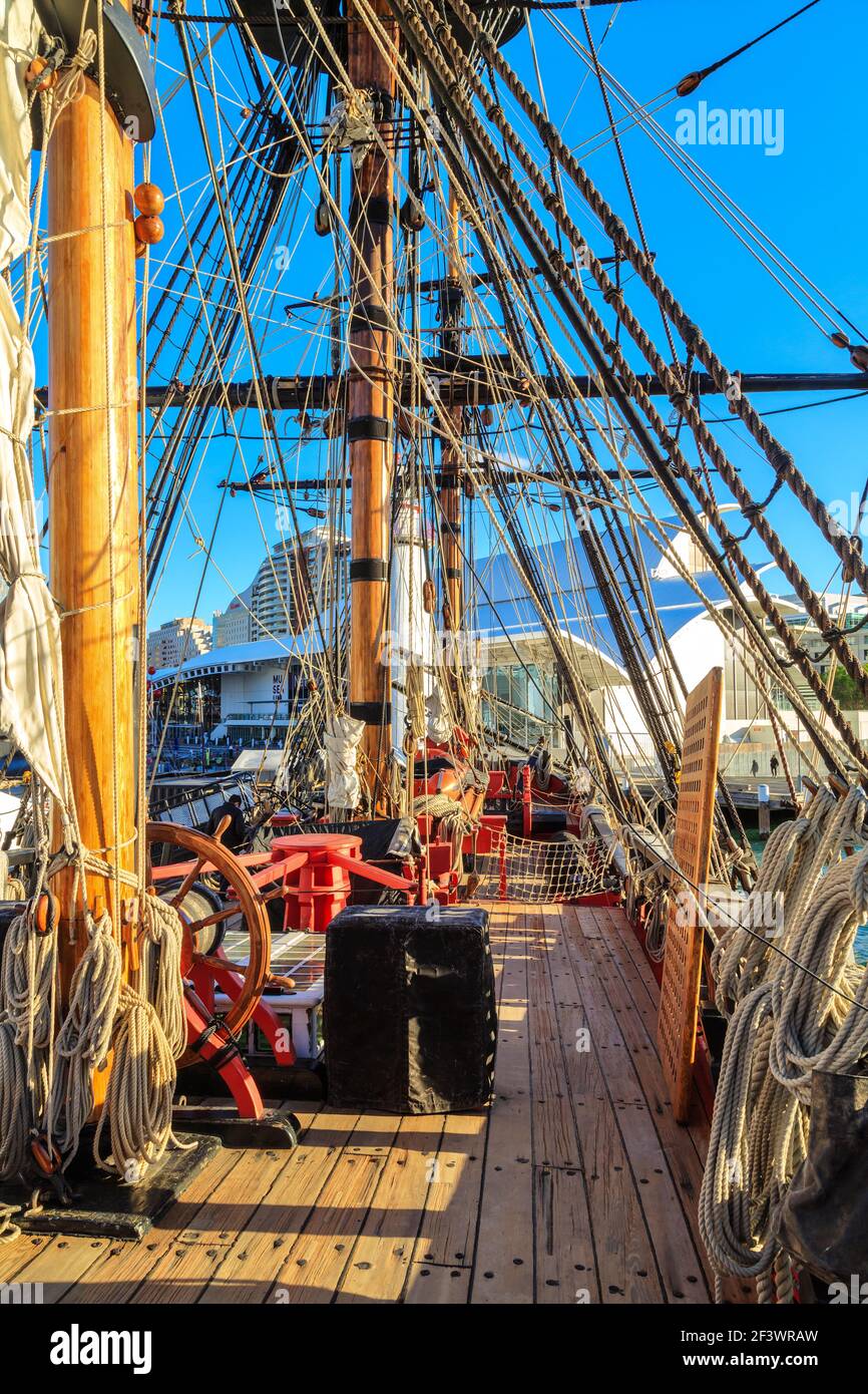 Sydney, Australia. The deck of the Australian National Maritime Museum's replica of Captain Cook's ship HMS Endeavour Stock Photo