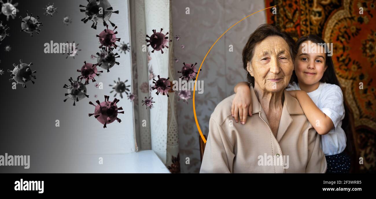 grandparents with granddaughter together at home. quarantine. health concept. Corona Virus