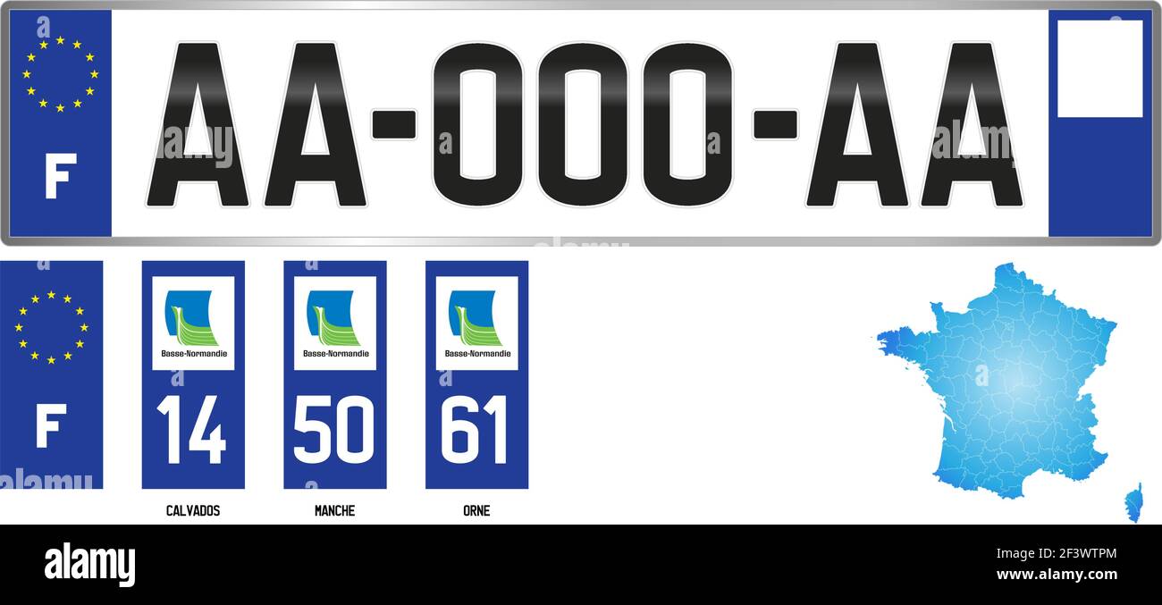 Basse Normandie (Lower Normandy), french regional license plate template, detail of the side label of the department, vector illustration, example of Stock Vector