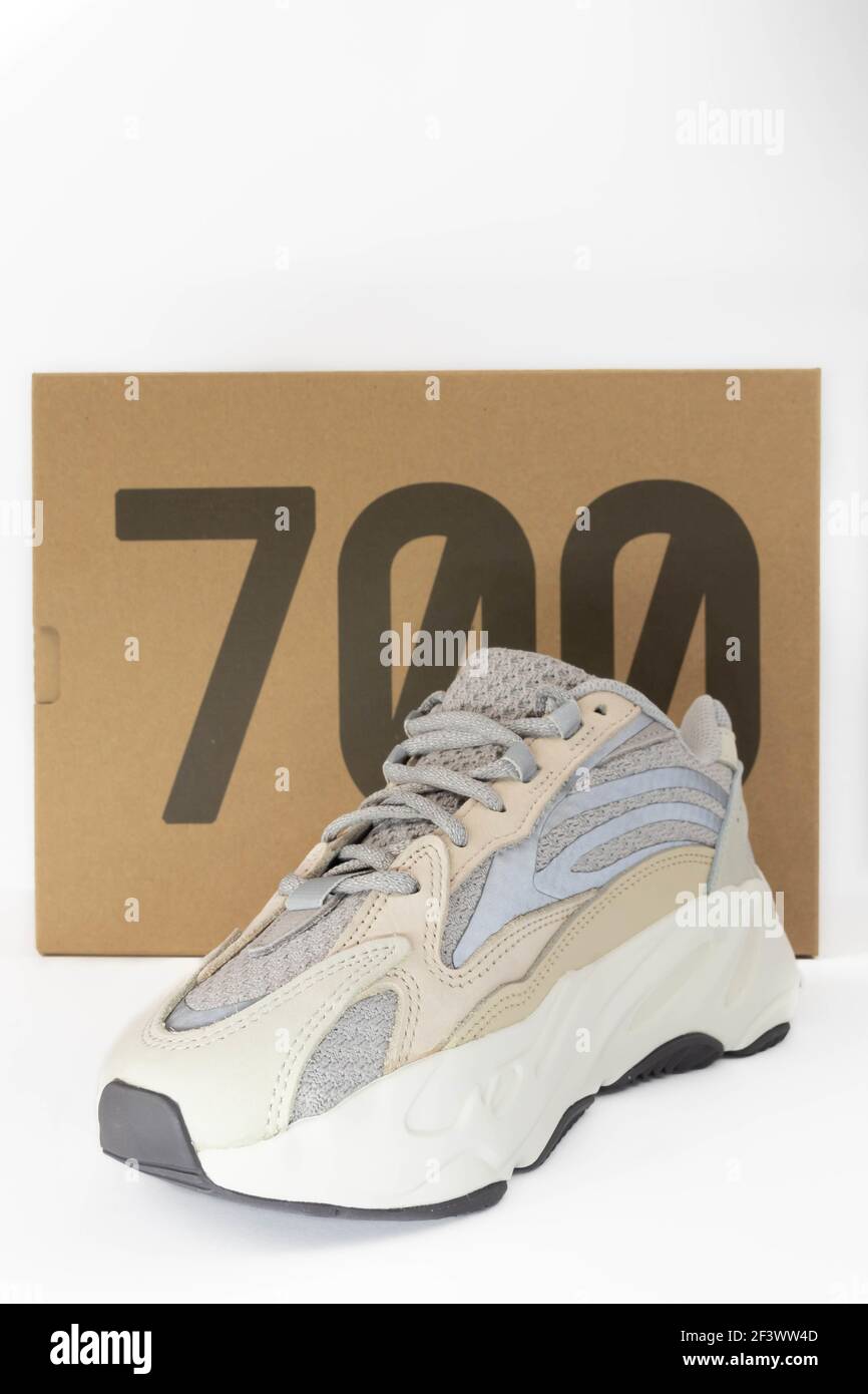 WARSAW, POLAND - Mar 16, 2021: Adidas Yeezy boost 700 V2 Cream. Famous limited collection sneakers with box. running shoes isolated on white Stock Photo - Alamy