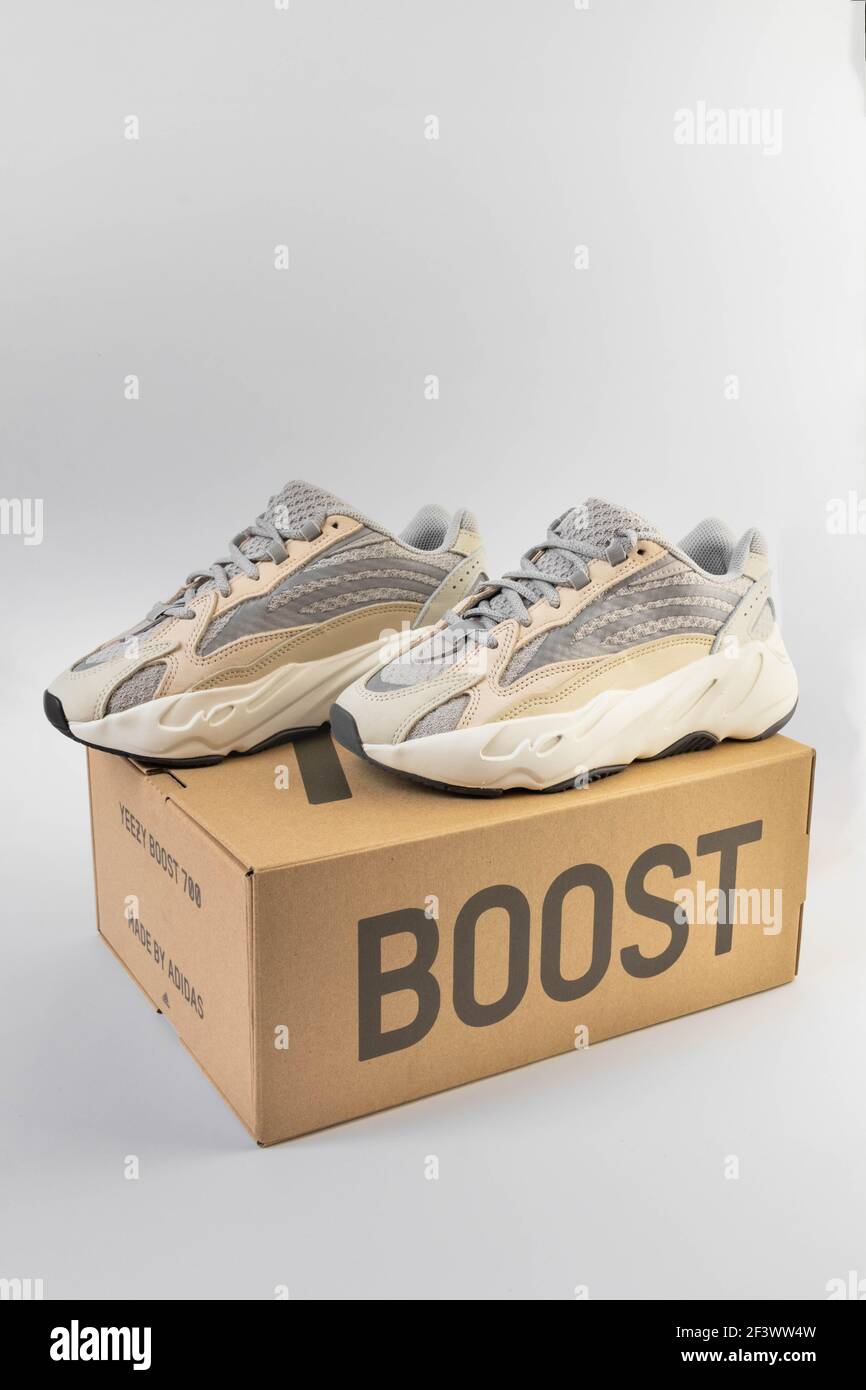 Warsaw Poland Mar 16 2021 Adidas Yeezy Boost 700 V2 Cream Famous Limited Collection Sneakers With Box Adidas Running Shoes Isolated On A White Stock Photo Alamy