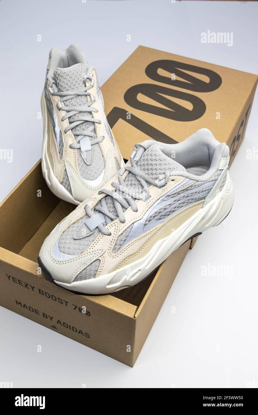 WARSAW, POLAND - Mar 16, 2021: Adidas Yeezy boost 700 V2 Cream. Famous  limited collection sneakers with box. Adidas running shoes isolated on a  white Stock Photo - Alamy