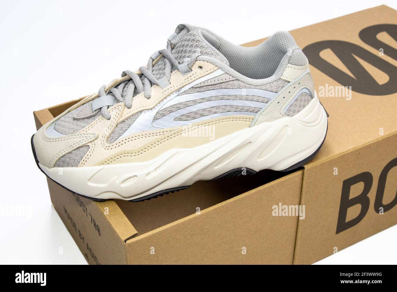 WARSAW, POLAND - Mar 16, 2021: Adidas Yeezy boost 700 V2 Cream. Famous  limited collection sneakers with box. Adidas running shoes isolated on a  white Stock Photo - Alamy
