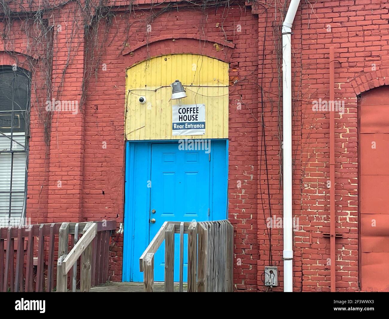 Augusta, Ga USA - 02 11 21: Coffeee House rear entrance blue door vintage Stock Photo